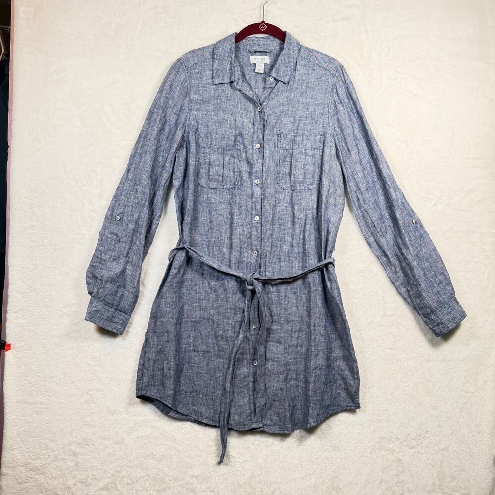 Kenar 100% Linen Shirt Dress Blue Size 10 Button Front Tie Belt Roll Tab Sleeves